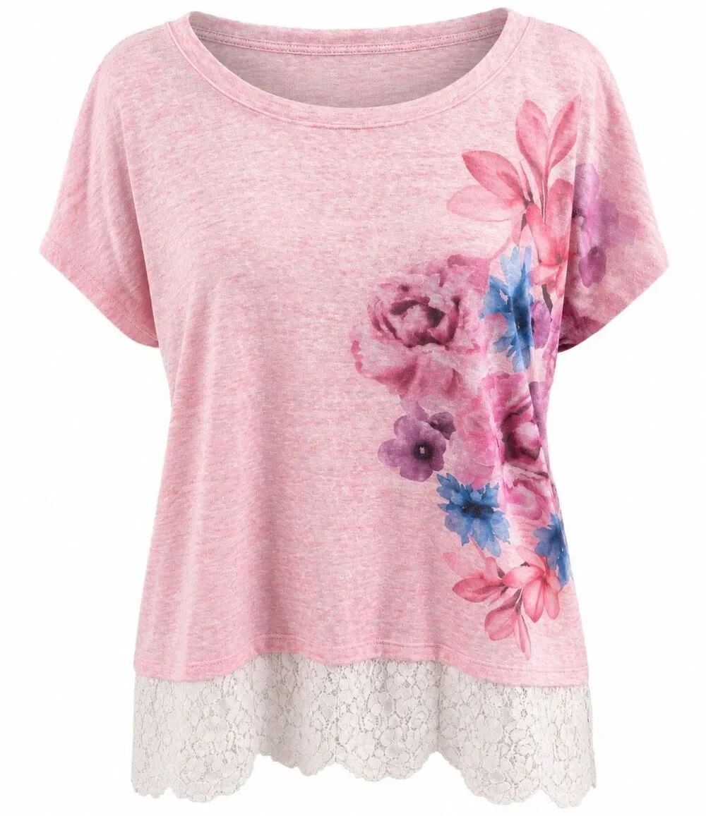 Nicole Miller New York XXL Floral Lace Hem Top Pink Short Sleeve Boho Tunic Flaw
